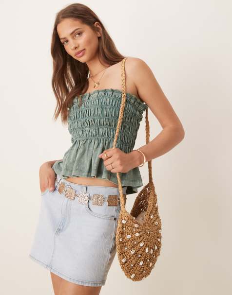ASOS DESIGN shirred bandeau top with broderie trim Iin washed khaki - view 1