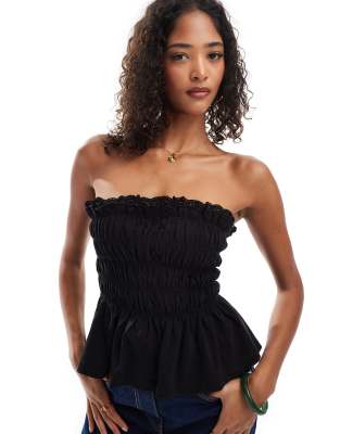 ASOS DESIGN shirred bandeau top with broderie trim in black - view 1