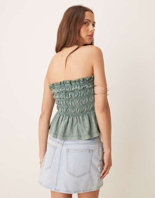 ASOS DESIGN shirred bandeau top with broderie trim in washed khaki, 3 of 4