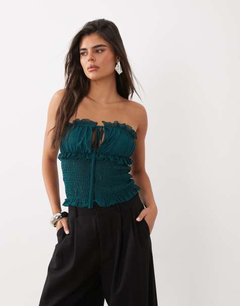 ASOS DESIGN shirred bandeau top with frills in petrol blue - view 1