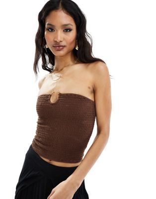 ASOS DESIGN shirred bandeau top with ring detail in chocolate