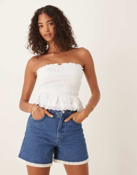 ASOS DESIGN shirred bandeau top with ruffle hem in white - view 1