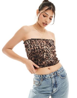 ASOS DESIGN shirred bandeau with leopard print in brown