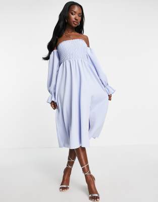 Smocked off the hot sale shoulder midi dress