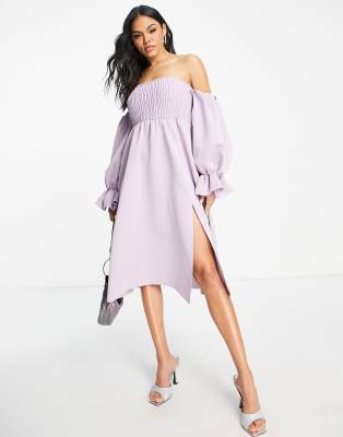 Asos Design Shirred Bardot Blouson Sleeve Prom Midi Dress In Lilac ...