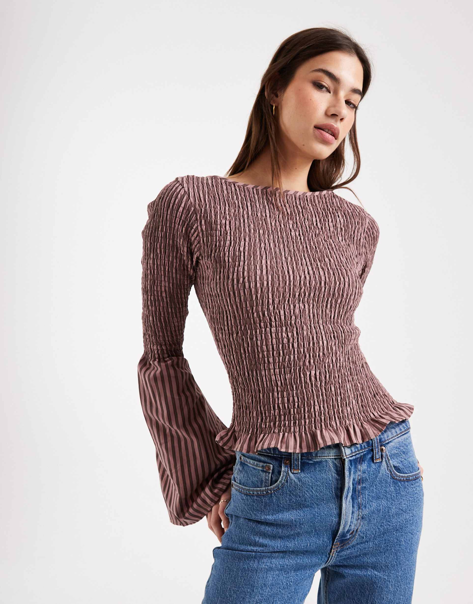asos design shirred blouse in stripe