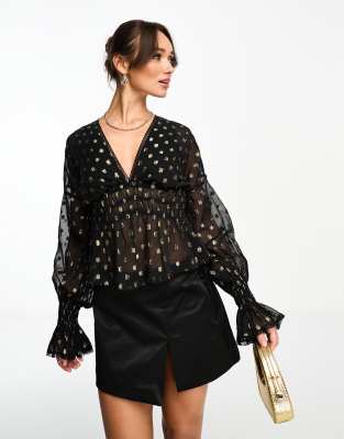 Asos Design Shirred Blouse With Blouson Sleeve In Dot Jacquard-black In Black