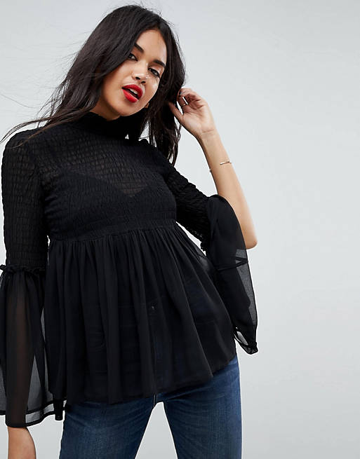 ASOS DESIGN Shirred Blouse with Fluted Sleeve