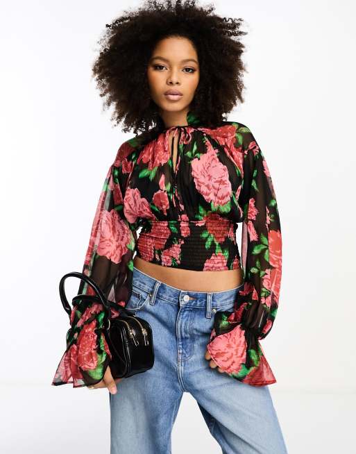 ASOS DESIGN shirred blouson sleeve top in dark rose print | ASOS