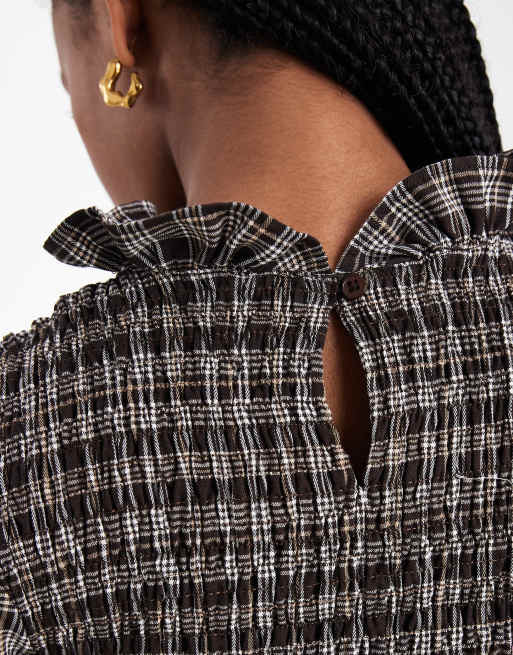 ASOS DESIGN shirred blouson top in brown check, 3 of 4