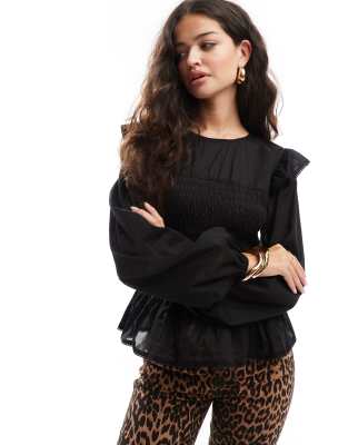 shirred bodice blouse with eyelet trim detail in black