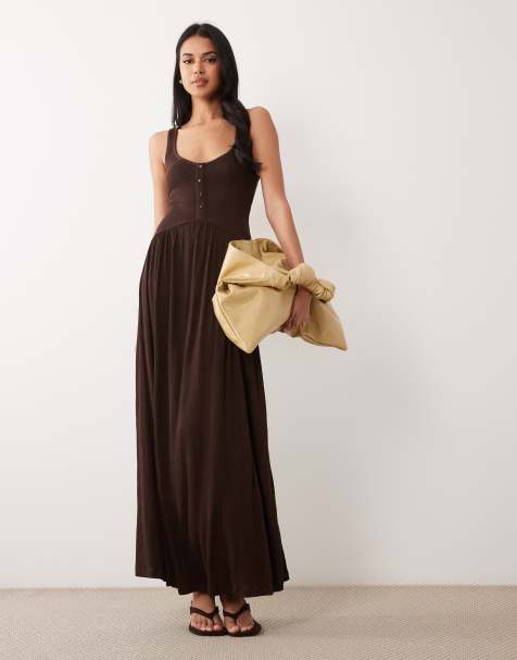 ASOS DESIGN shirred bodice broderie maxi dress in chocolate - view 1
