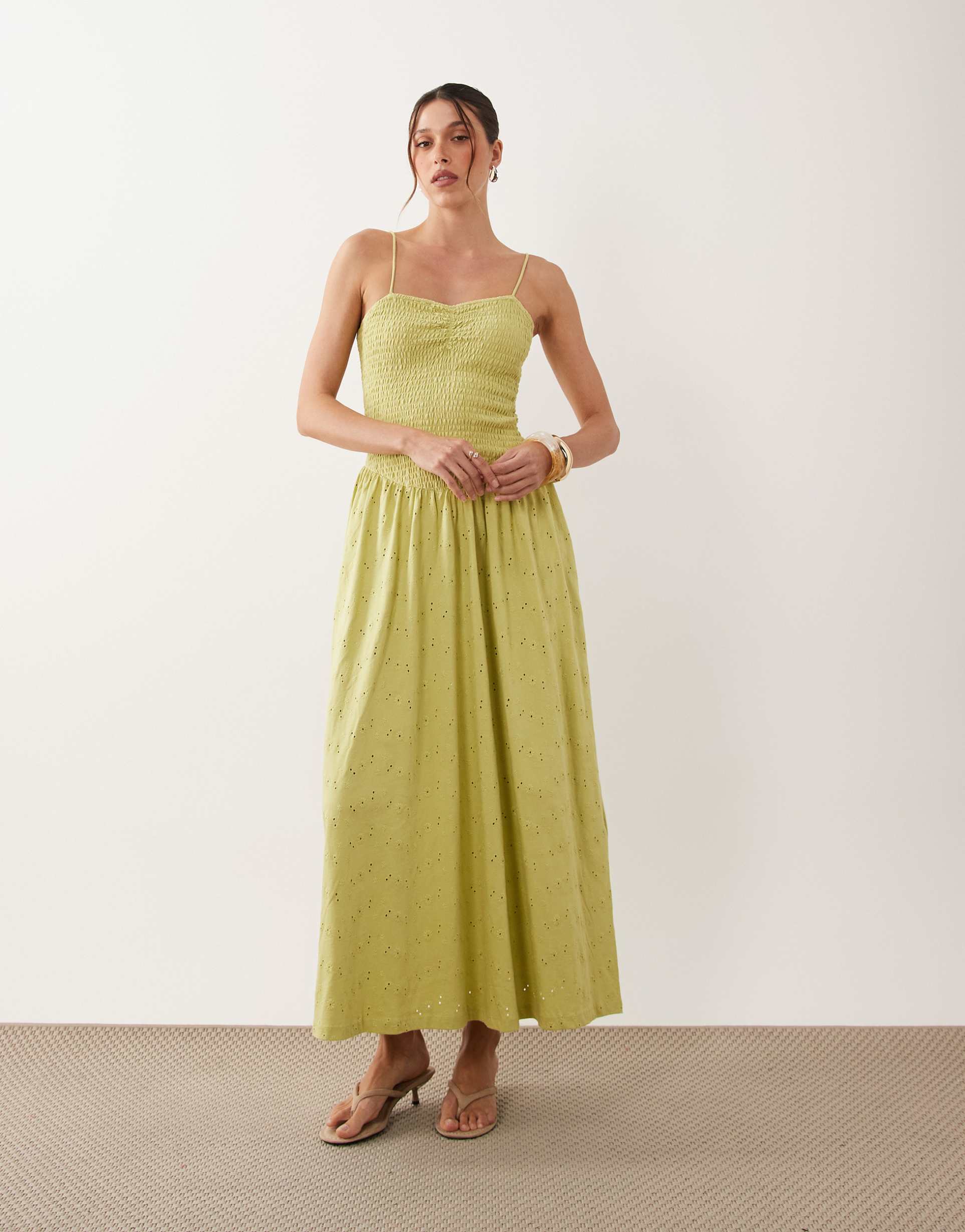 asos design shirred bodice broderie maxi dress in light green
