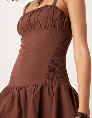 Asos Design Shirred Bodice Cami Mini Dress In Brown