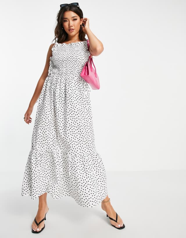 ASOS DESIGN shirred bodice cotton midi smock sundress in mono dot print