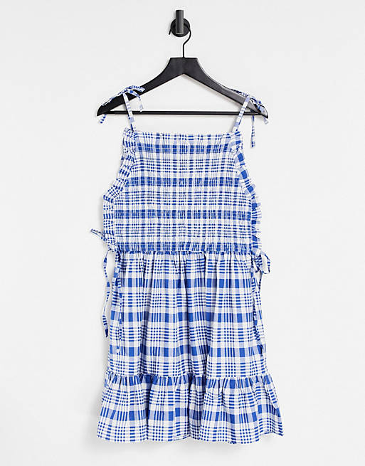 ASOS DESIGN shirred bodice cotton mini smock sundress in blue and white check print