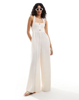 shirred bodice jumpsuit with elastic straps in ivory-White