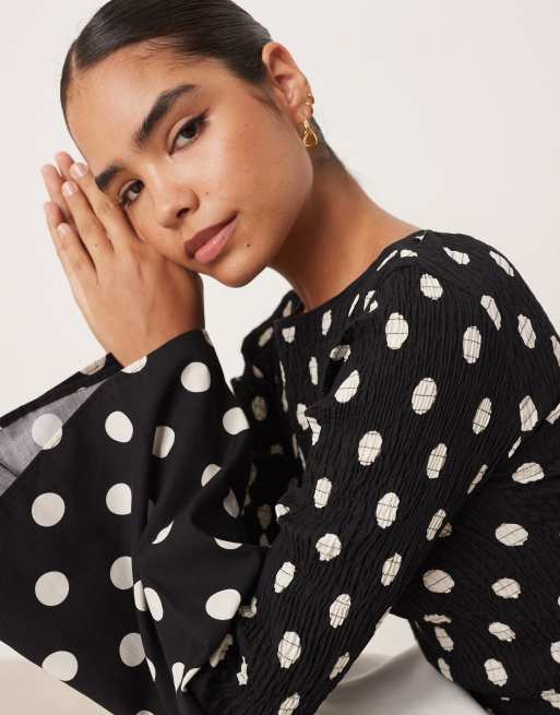 ASOS DESIGN shirred bodice long sleeve in black polka dot