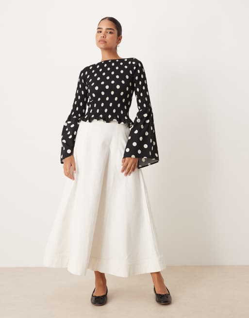 ASOS DESIGN shirred bodice long sleeve in black polka dot, 3 of 4