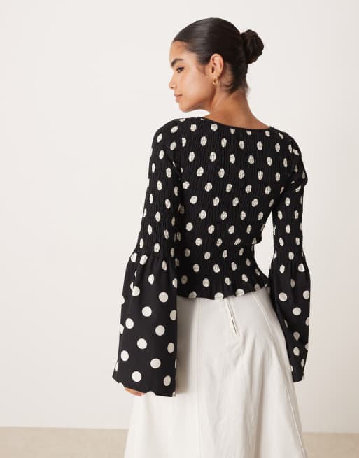 ASOS DESIGN shirred bodice long sleeve in black polka dot