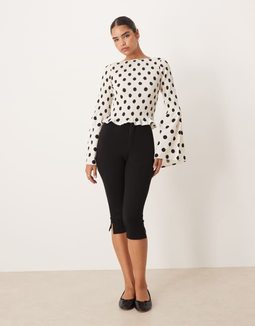 ASOS DESIGN shirred bodice long sleeve in cream polka dot, 2 of 4