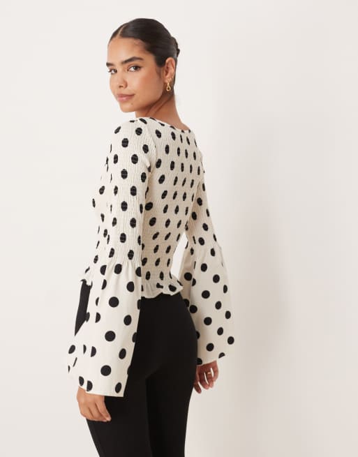 ASOS DESIGN shirred bodice long sleeve in cream polka dot, 3 of 4