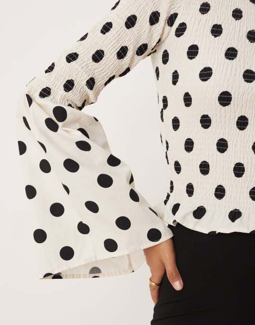 ASOS DESIGN shirred bodice long sleeve in cream polka dot, 4 of 4