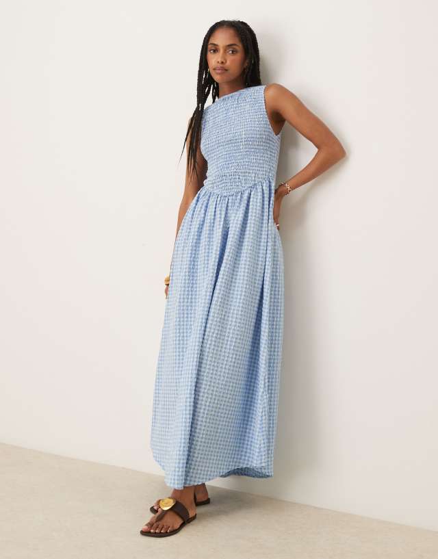 asos blue gingham dress DESIGN shirred bodice maxi in This dress features a David Koma Sequined Asymmetric Blonde Color:Black (Flying Cross)