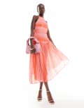 [ASOS DESIGN] ASOS DESIGN shirred bodice midi dress in pink and red stripe-Multi 18 PINK RED STRIPE