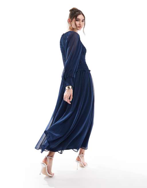 asos design shirred pleated midi dress ASOS DESIGN Tall textured shirred waist open back pleated midi dress with  embroidery in navy