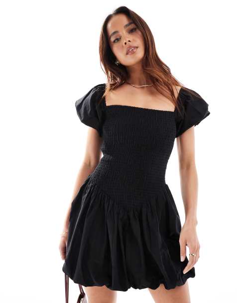 ASOS DESIGN Shirred bodice mini dress with puff sleeves and hem in black - view 1
