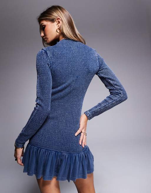ASOS DESIGN shirred bodice mini dress with ruffle hem in denim wash