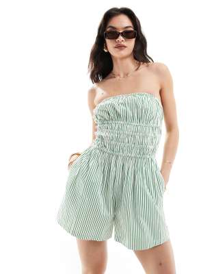 ASOS DESIGN Shirred bodice playsuit in green stripe-Multi