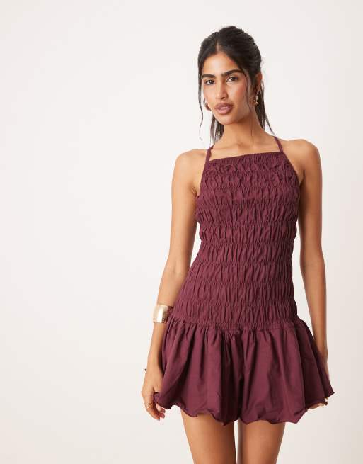 ASOS DESIGN shirred bodice racer drop waist mini dress in plum, 2 of 4