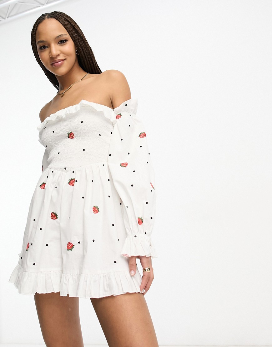 Asos Design Shirred Bodice Romper With Strawberry Embroidery-white