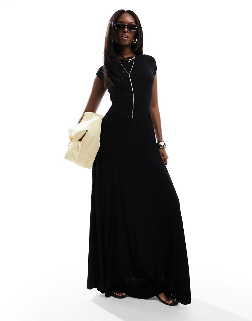 Asos Design Shirred Bodice Short Sleeve Maxi Dress In Black