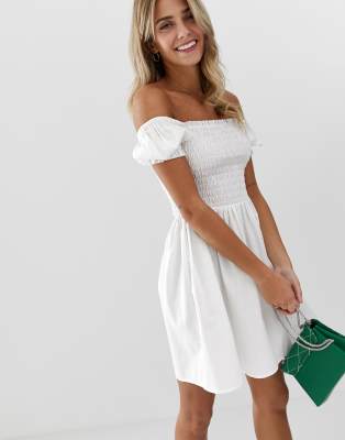 ASOS DESIGN shirred bodice square neck cotton mini smock dress-white