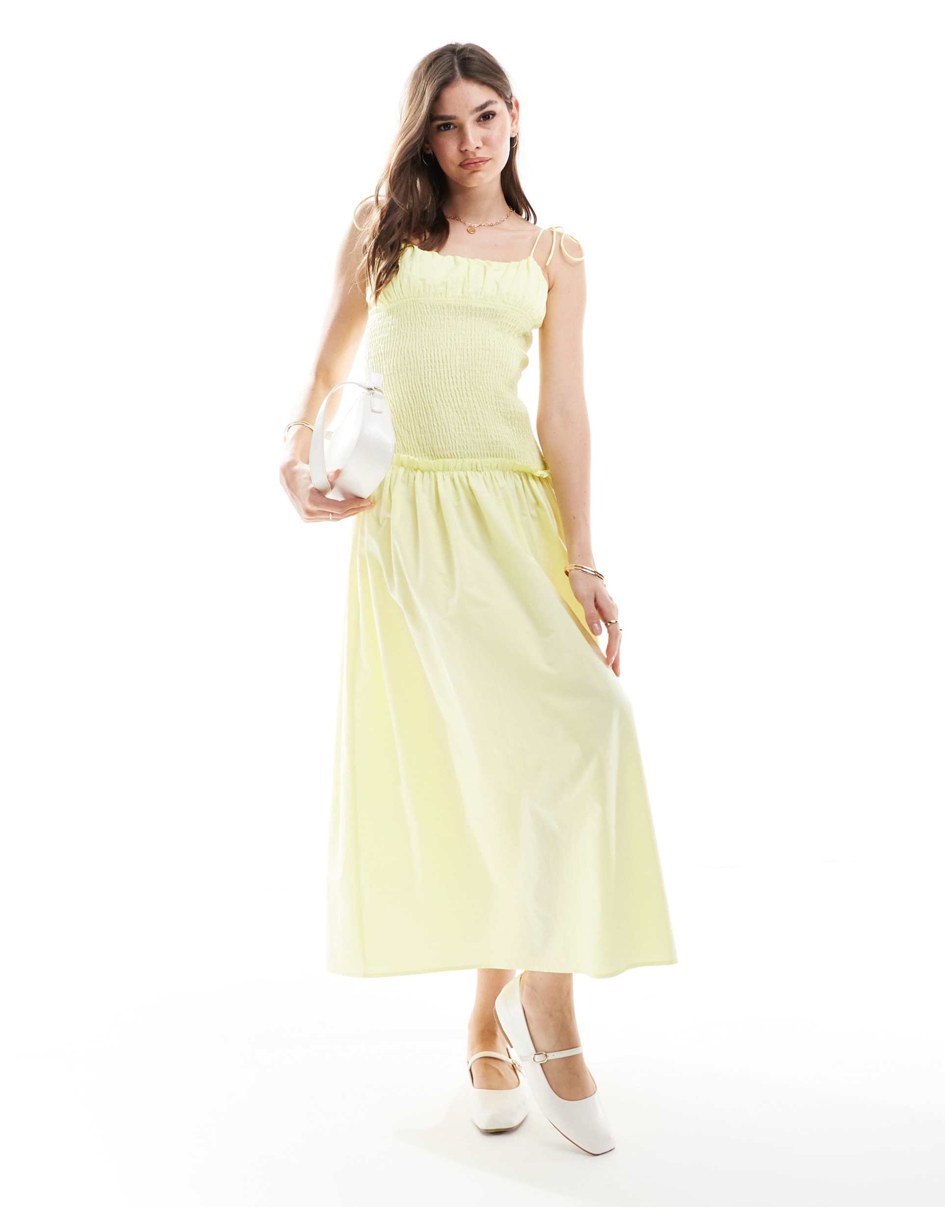 asos design shirred bodice strappy maxi dress in buttermilk