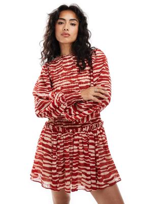 shirred bodice tie up back mini dress in red abstract print-Multi