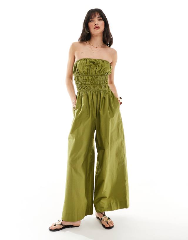 ASOS DESIGN - shirred bodice wide leg jumpsuit in khaki