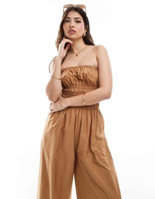 ASOS DESIGN shirred bodice wide leg jumpsuit in latte