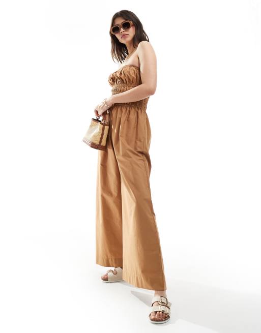 ASOS DESIGN shirred bodice wide leg jumpsuit in latte, 3 of 4