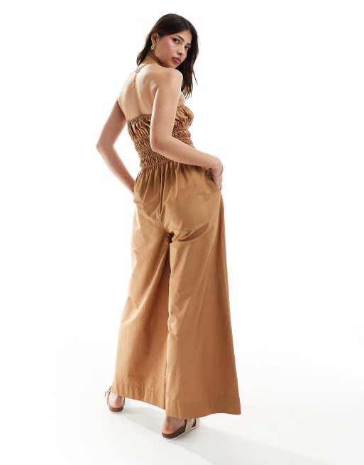 ASOS DESIGN shirred bodice wide leg jumpsuit in latte, 4 of 4