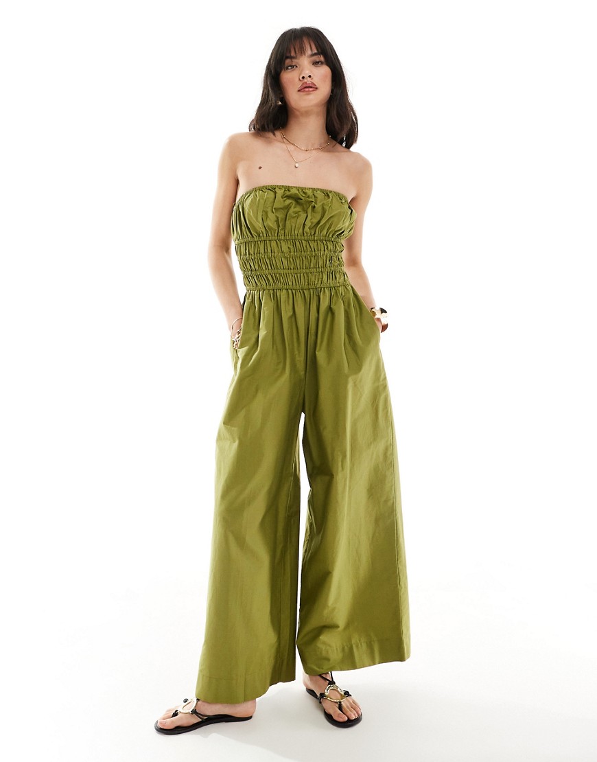 Asos Design Shirred Bodice Wide Leg Jumpsuit In Olive-green