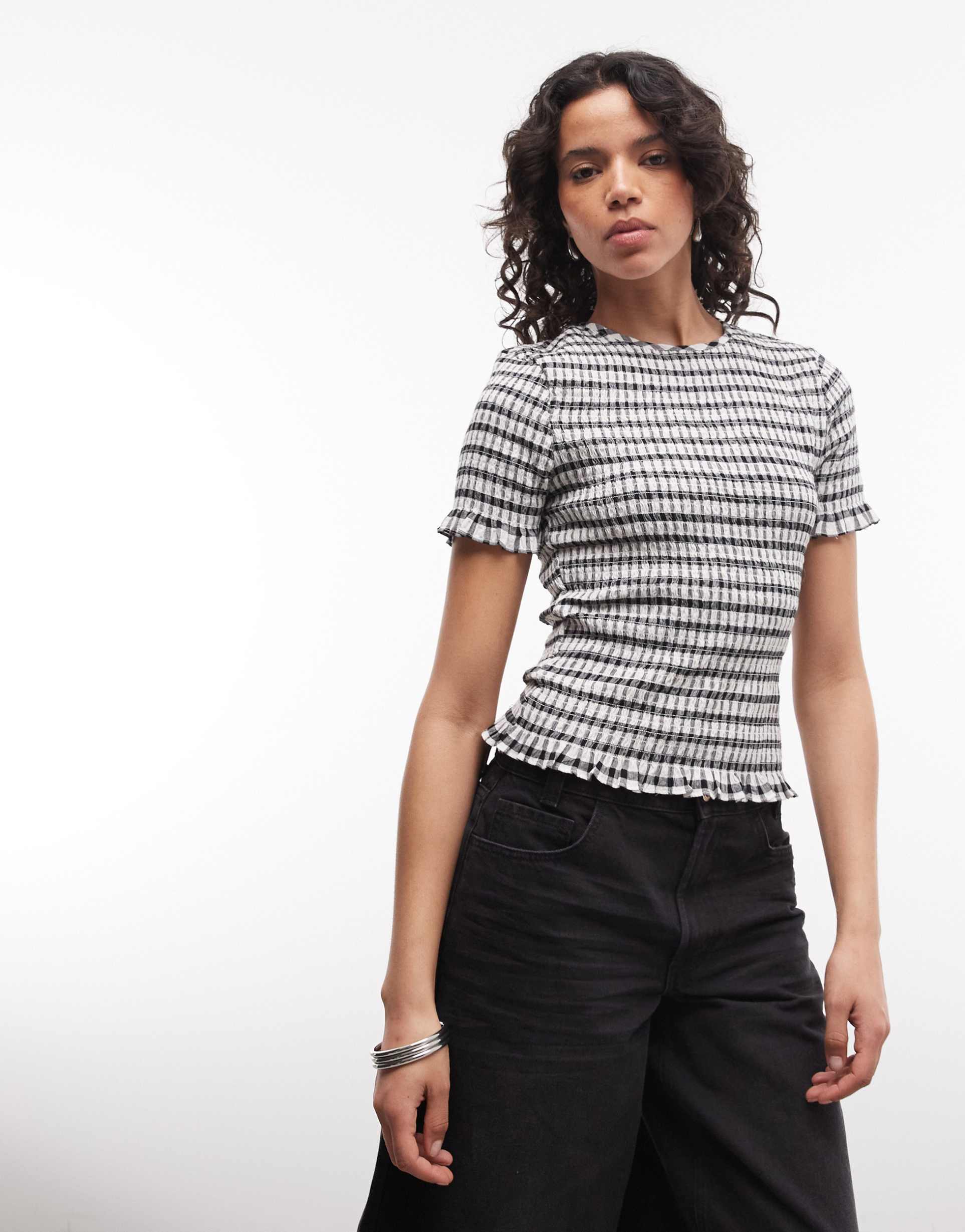 asos design shirred bow detail short sleeve top in gingham
