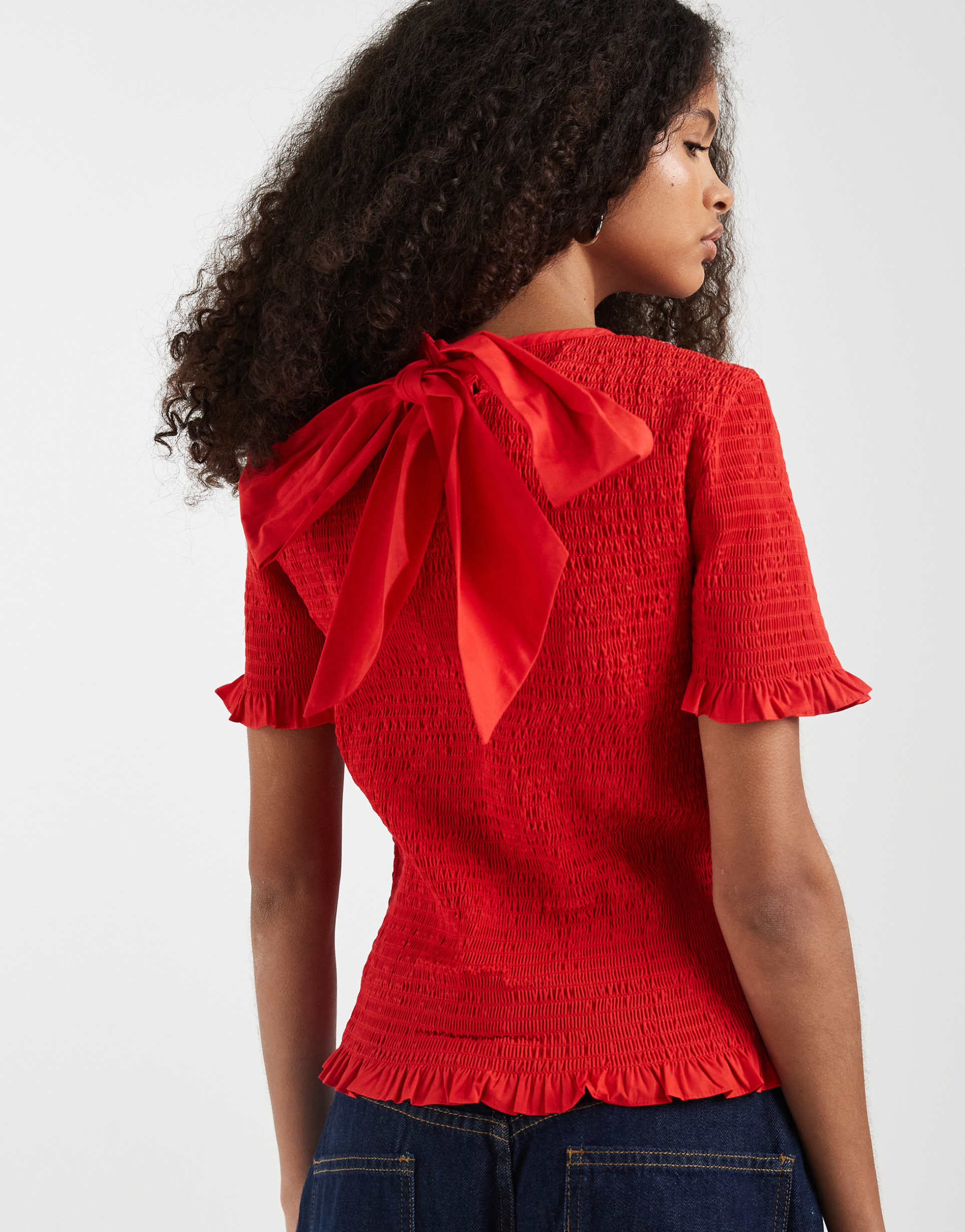 asos design shirred bow detail short sleeve top in red