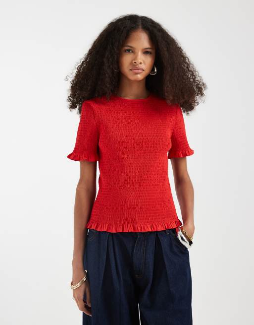 ASOS DESIGN shirred bow detail short sleeve top in red, 4 of 4