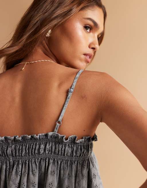 ASOS DESIGN shirred broderie cami top in washed grey (Part of a set), 2 of 4