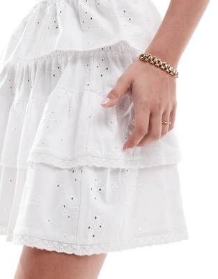 Asos Design Shirred Broderie Tiered Mini Skirt In White