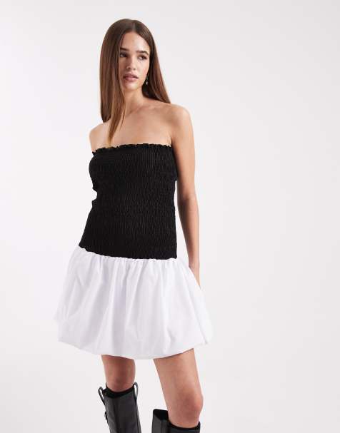 ASOS DESIGN shirred bubble hem mini dress in mono - view 1